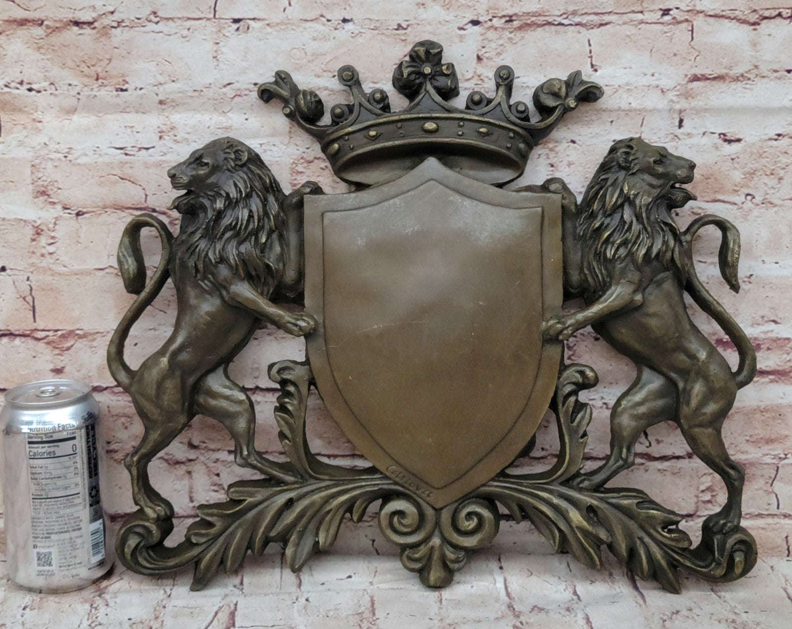 Royal Crest Coat of Arms Bronze Plaque Lions Shield Statue Sculptur Art Deco LRE