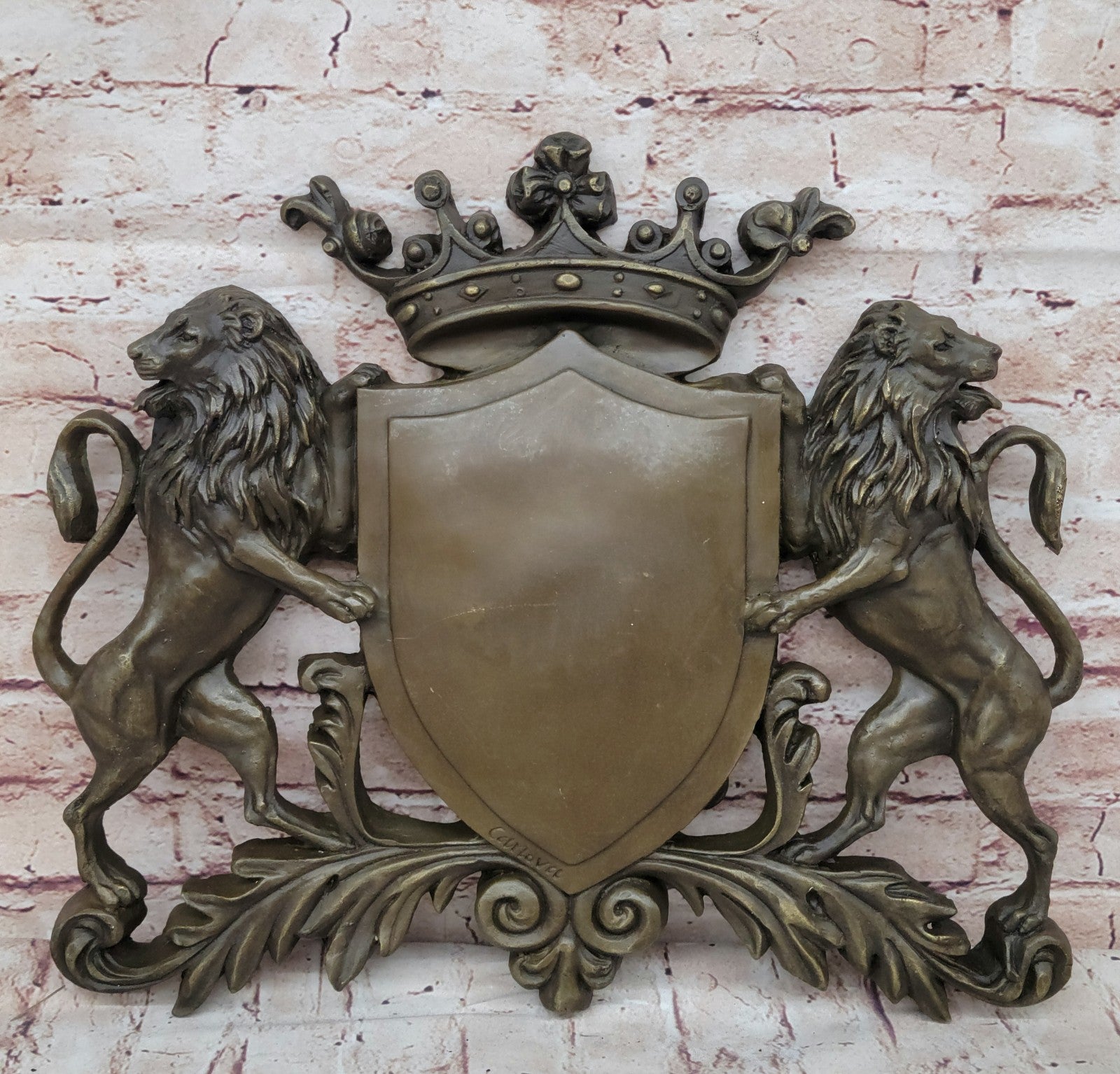 Royal Crest Coat of Arms Bronze Plaque Lions Shield Statue Sculptur Art Deco LRE