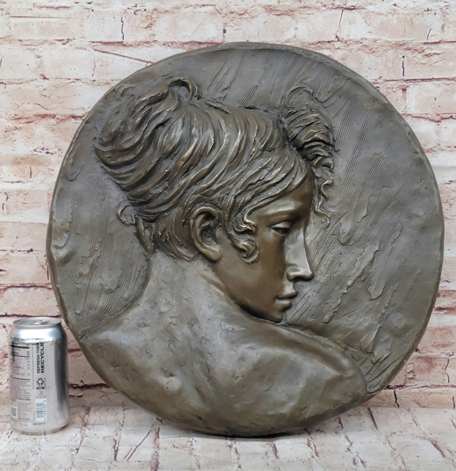 Original Hand Crafted Large Bas Relief Plaque Woman Face Bronze Sculpture Statue
