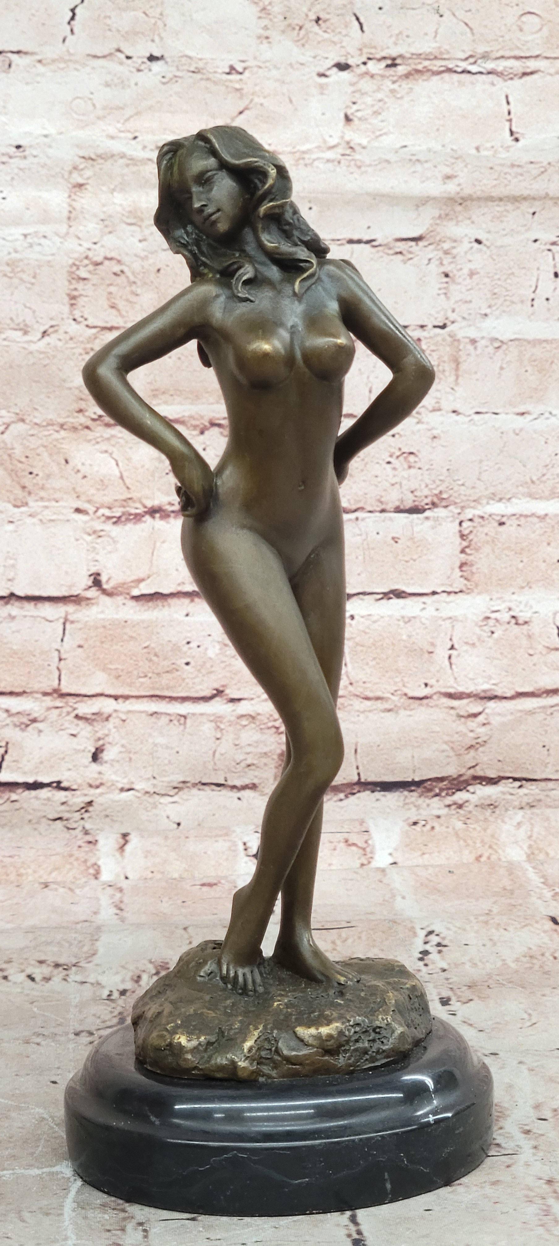 Solid Bronze sculpture undress nude women girl lady statue marble base Figurine