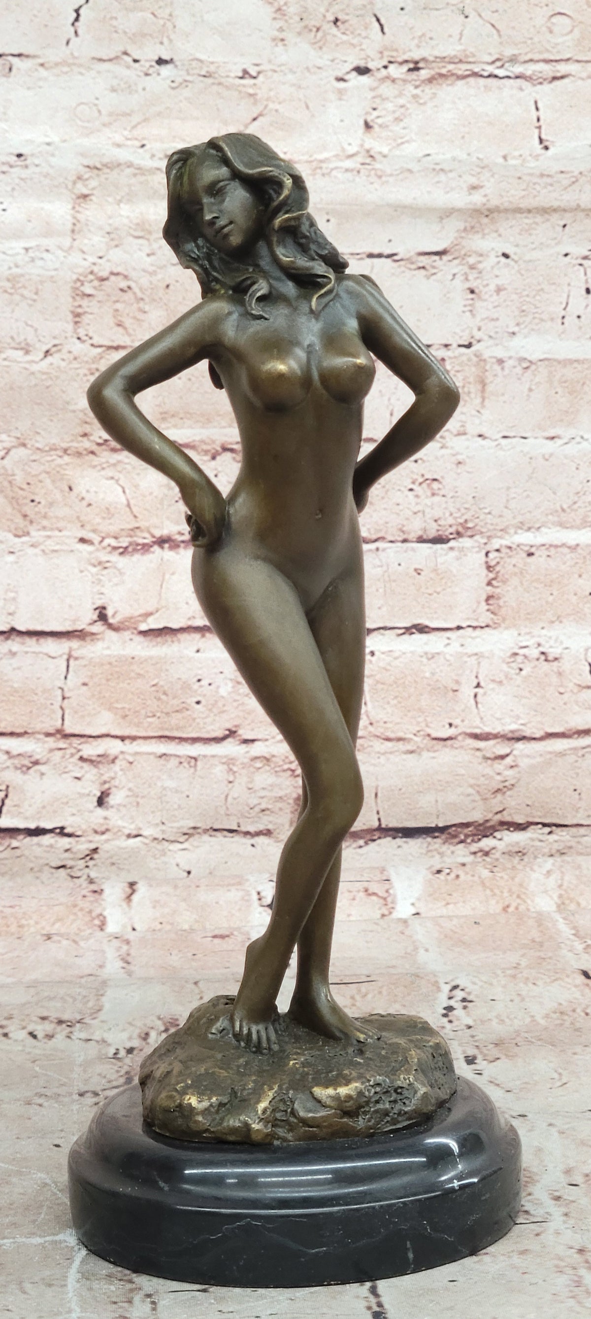Solid Bronze sculpture undress nude women girl lady statue marble base Figurine
