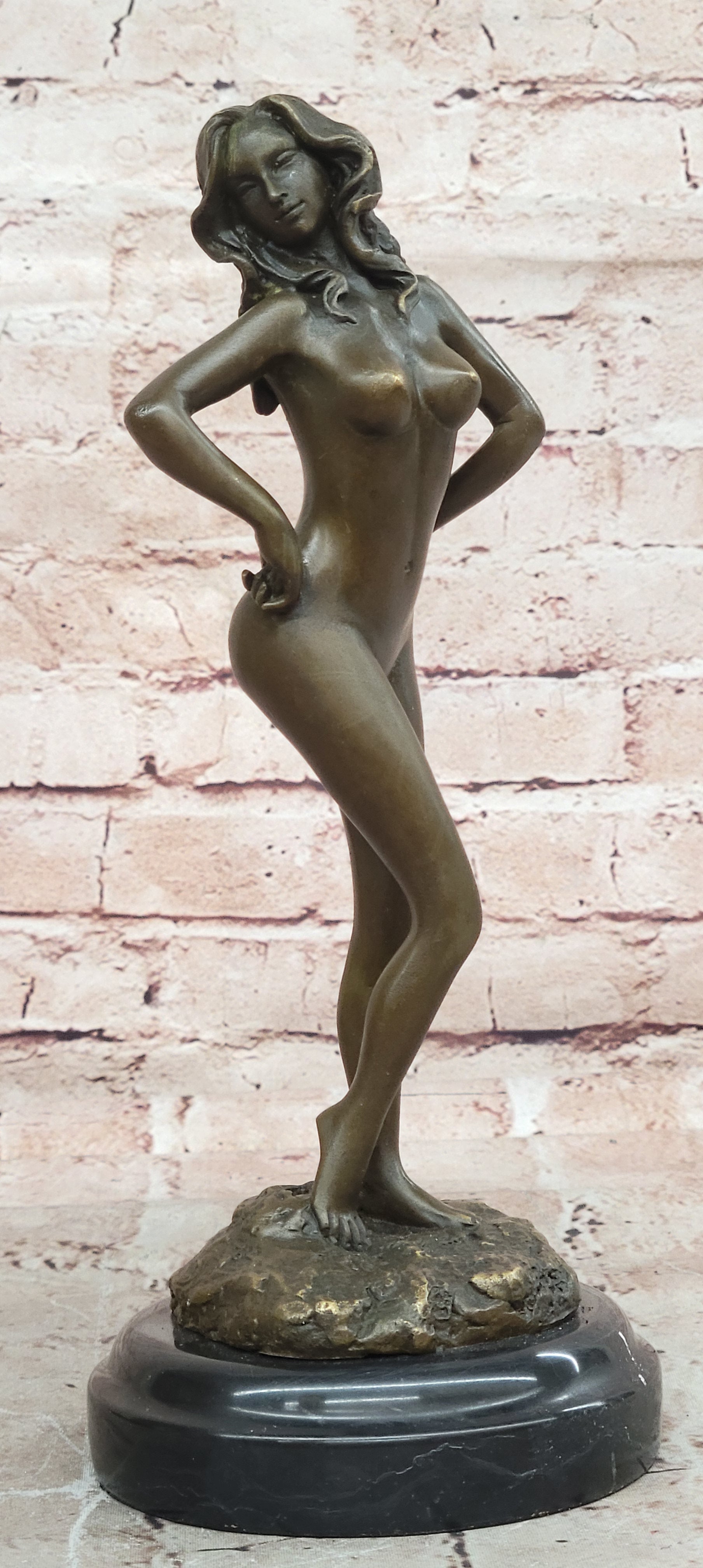 Solid Bronze sculpture undress nude women girl lady statue marble base Figurine