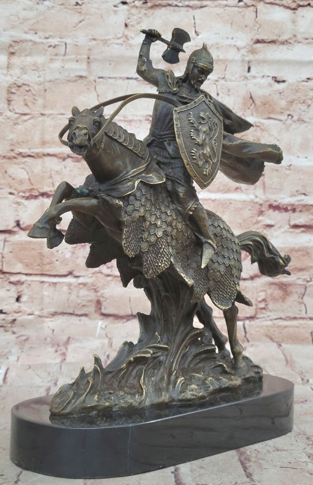 Viking sculpture - warrior on battle horse - bronze and marble - 11 (28cm)" Statue