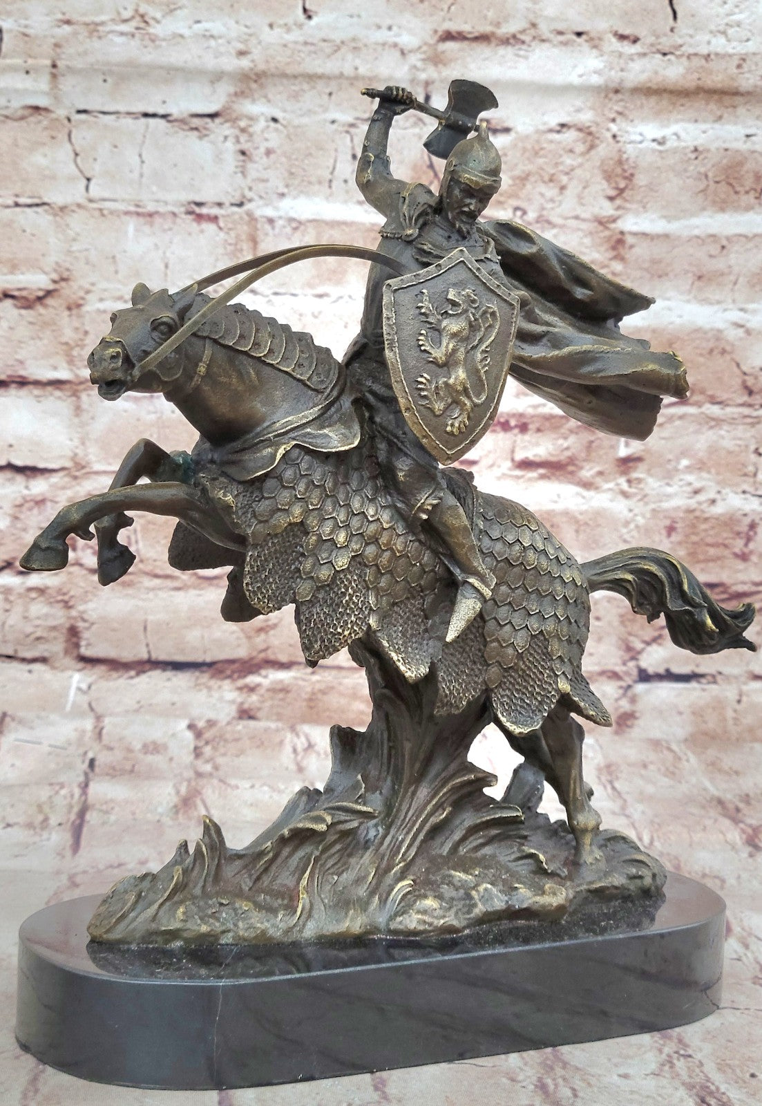 Viking sculpture - warrior on battle horse - bronze and marble - 11 (28cm)" Statue