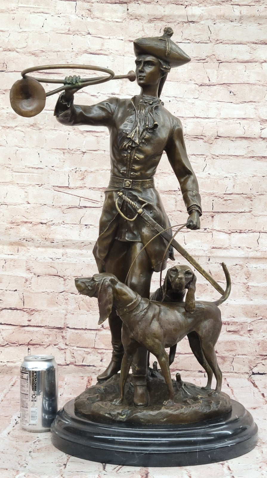 Large French Bronze Hunter Soldier Statue Bloodhound Dog Sculpture Figurine Deco