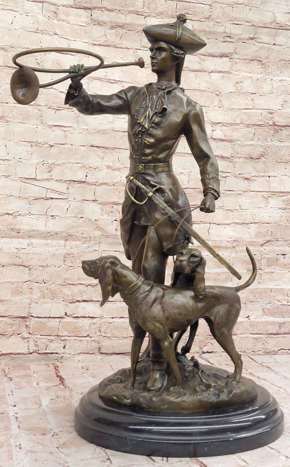 Large French Bronze Hunter Soldier Statue Bloodhound Dog Sculpture Figurine Deco