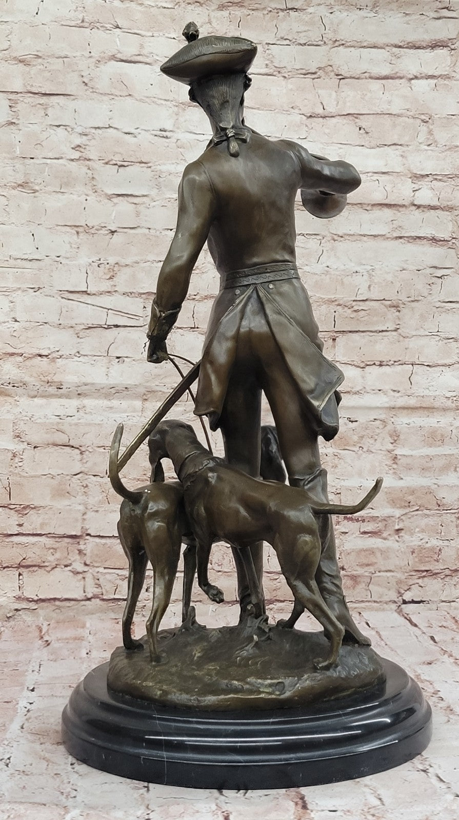 Large French Bronze Hunter Soldier Statue Bloodhound Dog Sculpture Figurine Deco