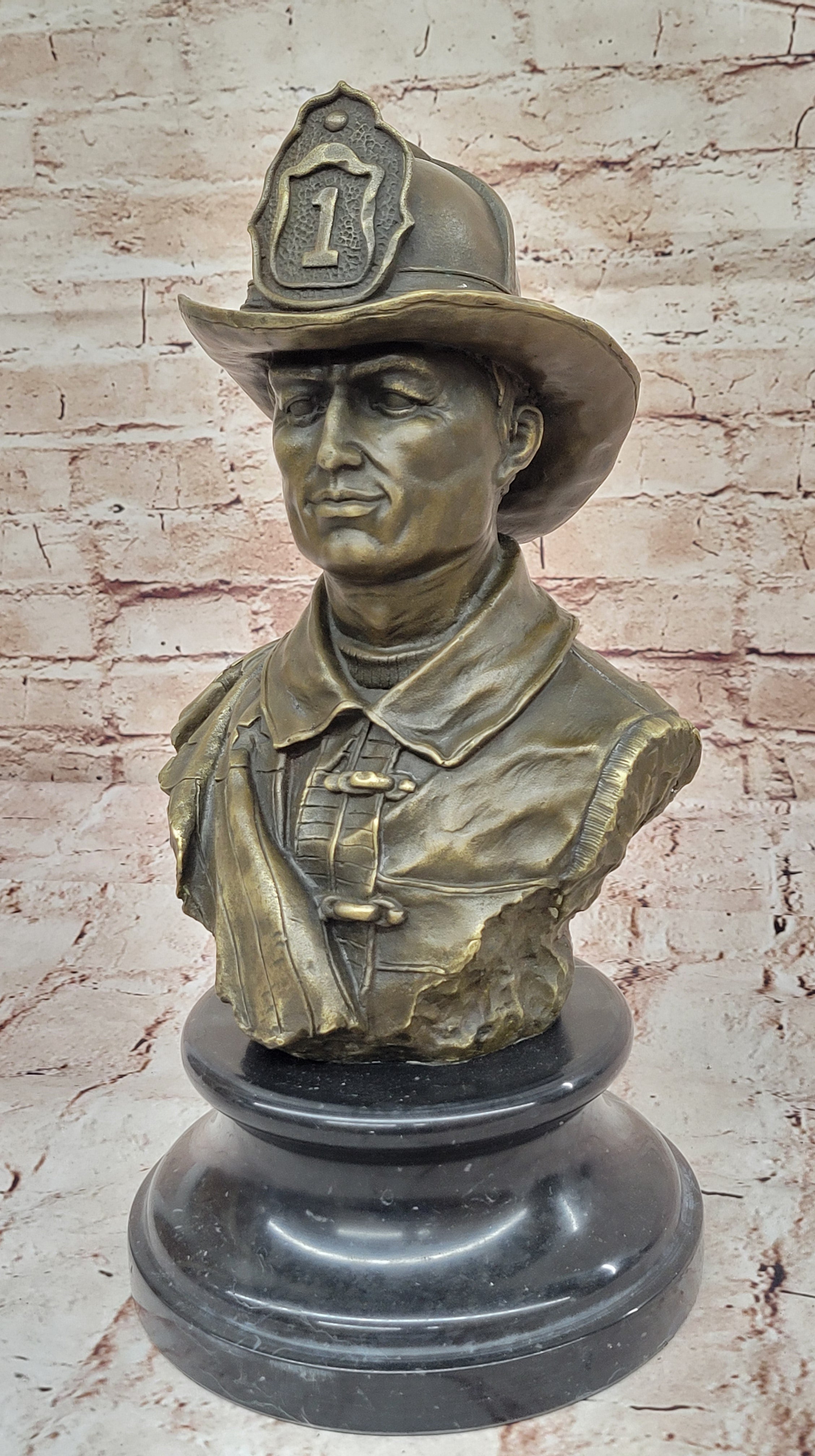 Fireman 911 Emergency Saving Life Bronze Sculpture Trophy Marble Figurine