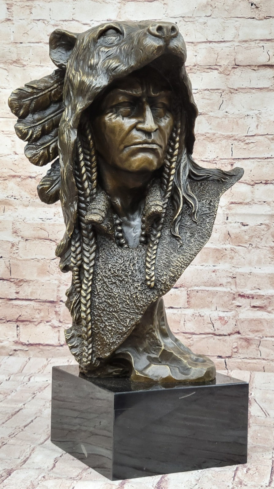 Handcrafted Large American Indian Warrior Bust Bonze Sculpture Detailed Figurine