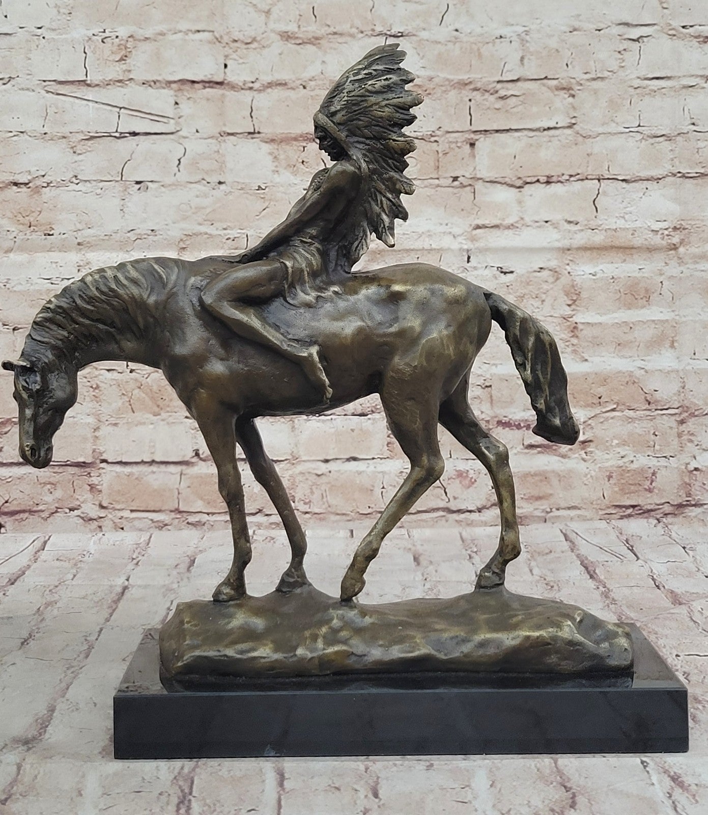 Signed Original Native American Indian Riding Horse Bronze Sculpture Figure Art