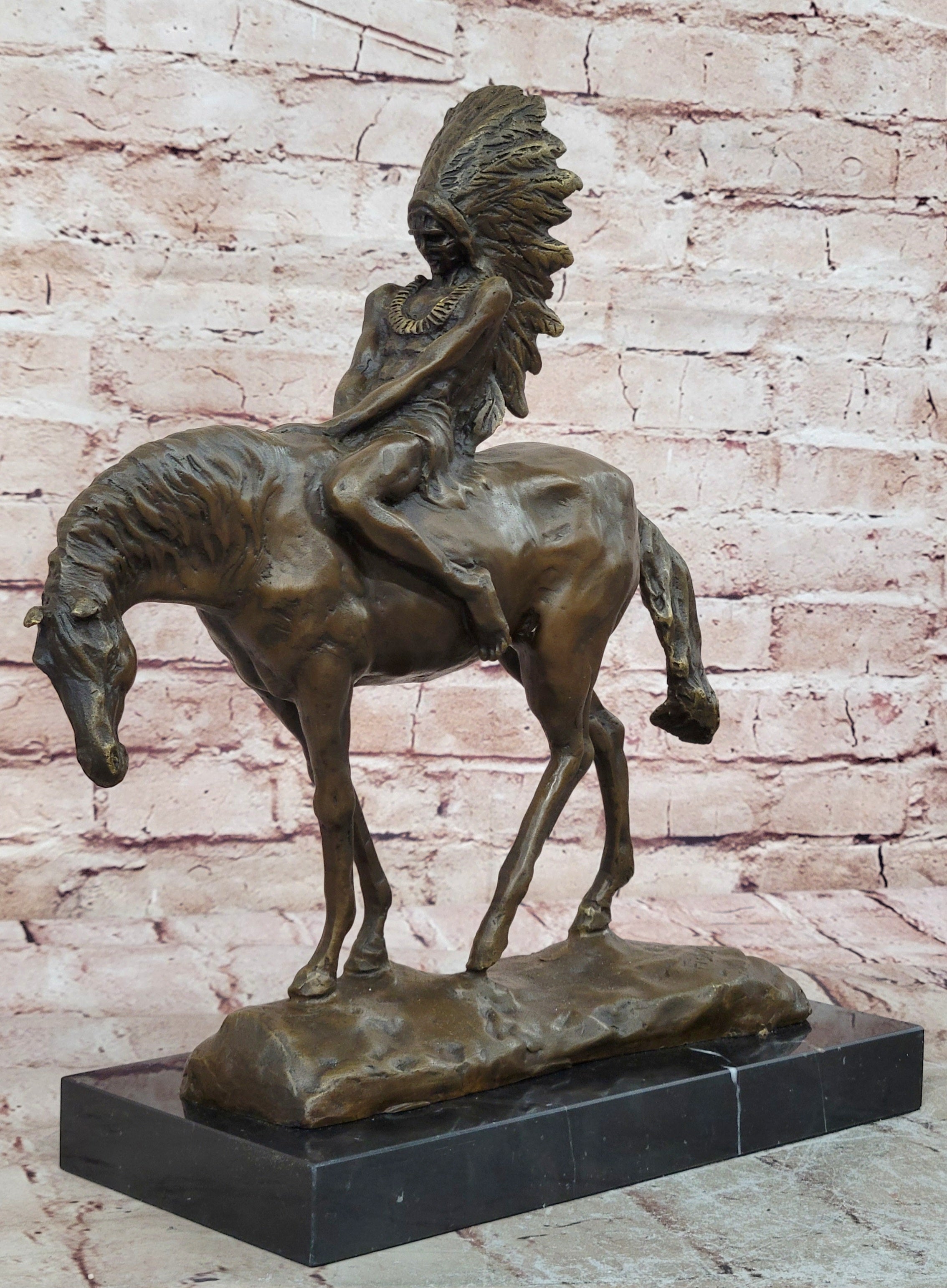 Signed Original Native American Indian Riding Horse Bronze Sculpture Figure Art