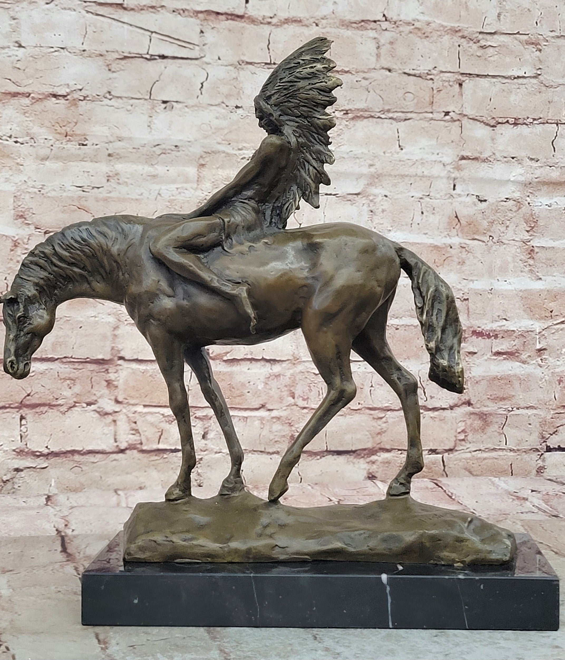 Signed Original Native American Indian Riding Horse Bronze Sculpture Figure Art