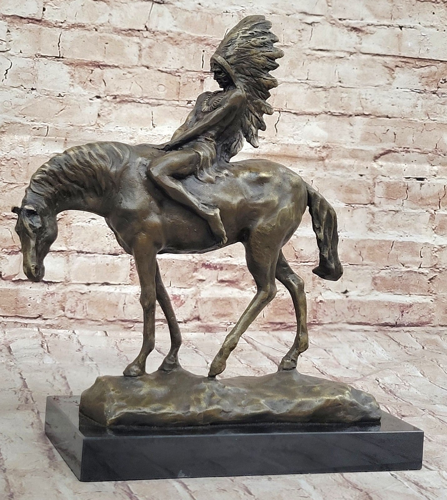 Signed Original Native American Indian Riding Horse Bronze Sculpture Figure Art