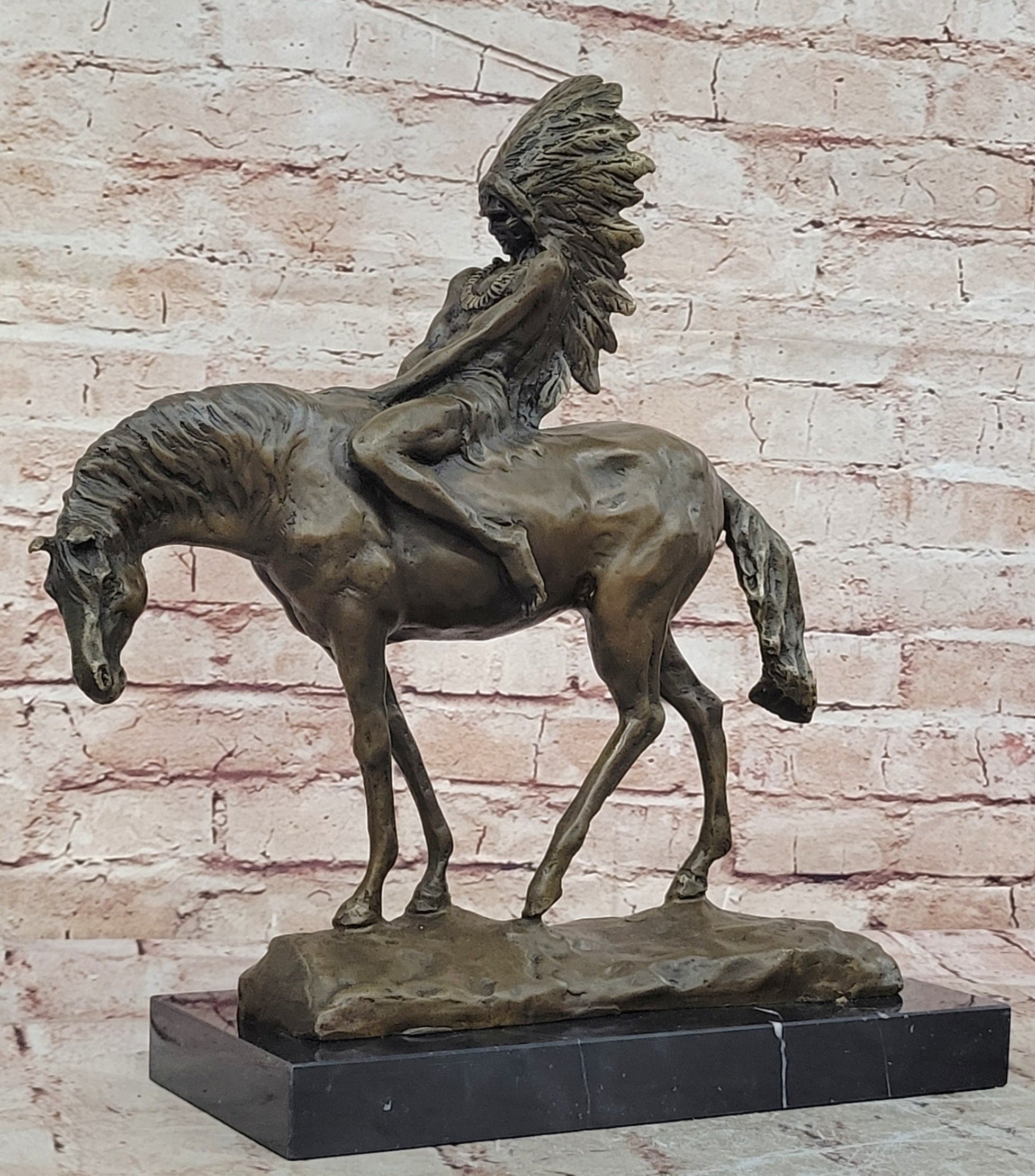 Signed Original Native American Indian Riding Horse Bronze Sculpture Figure Art