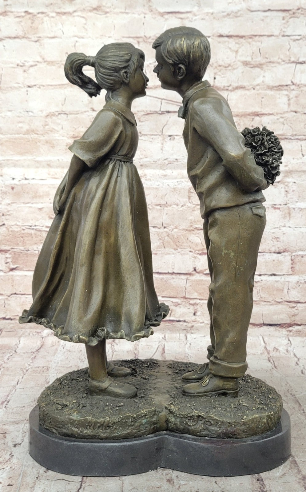 American Bronze Decor of two Child Kissing Hot Cast Original Lost Wax Method