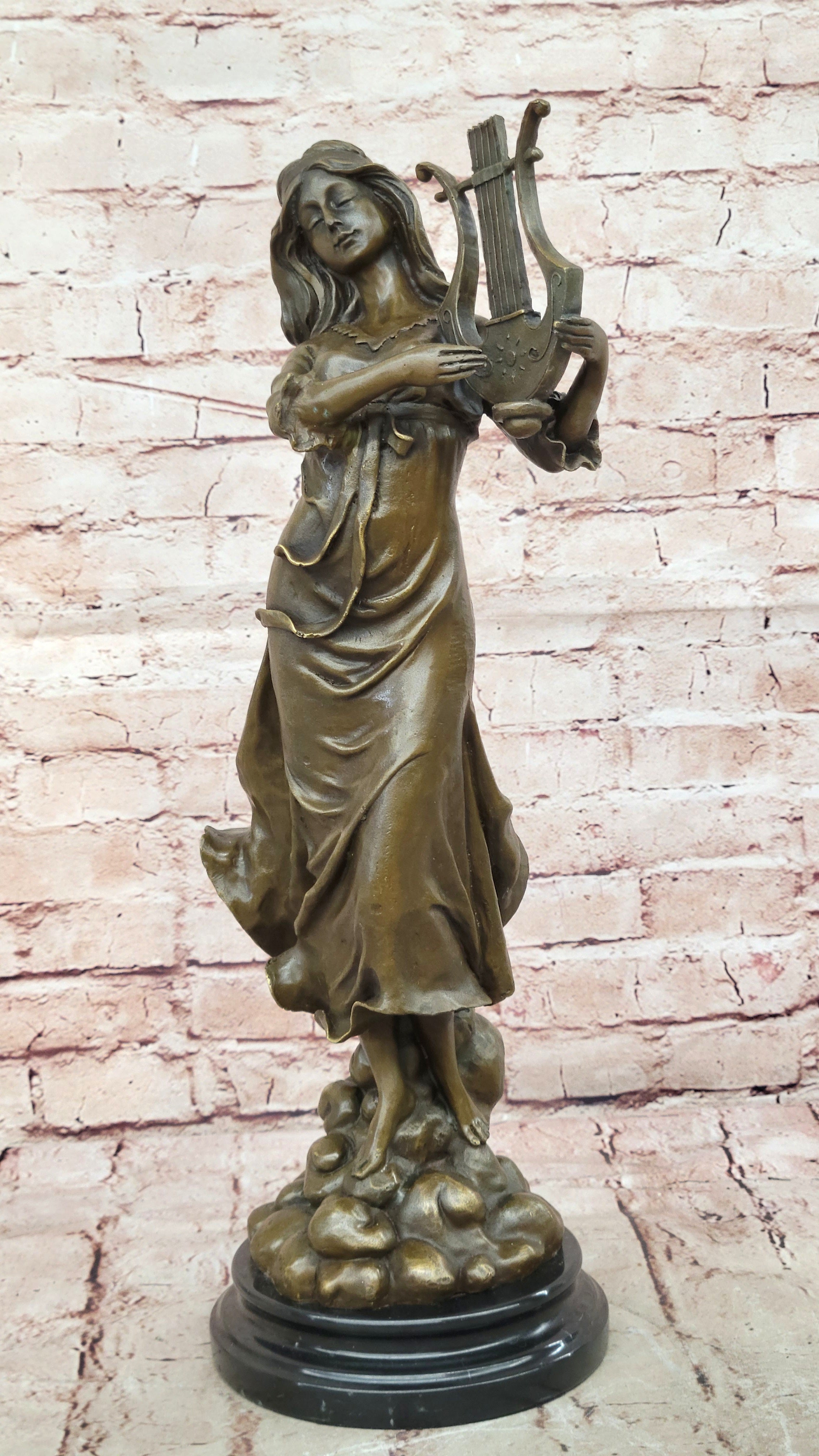 Vitaleh Bronze Harp Girl Statue Female Musician Figurine Detailed Sculpture