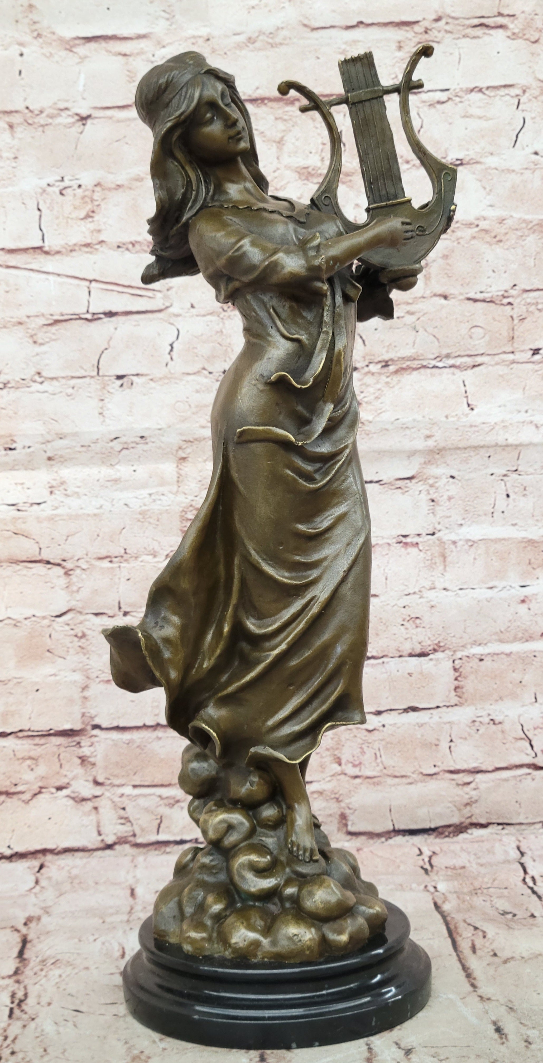 Vitaleh Bronze Harp Girl Statue Female Musician Figurine Detailed Sculpture