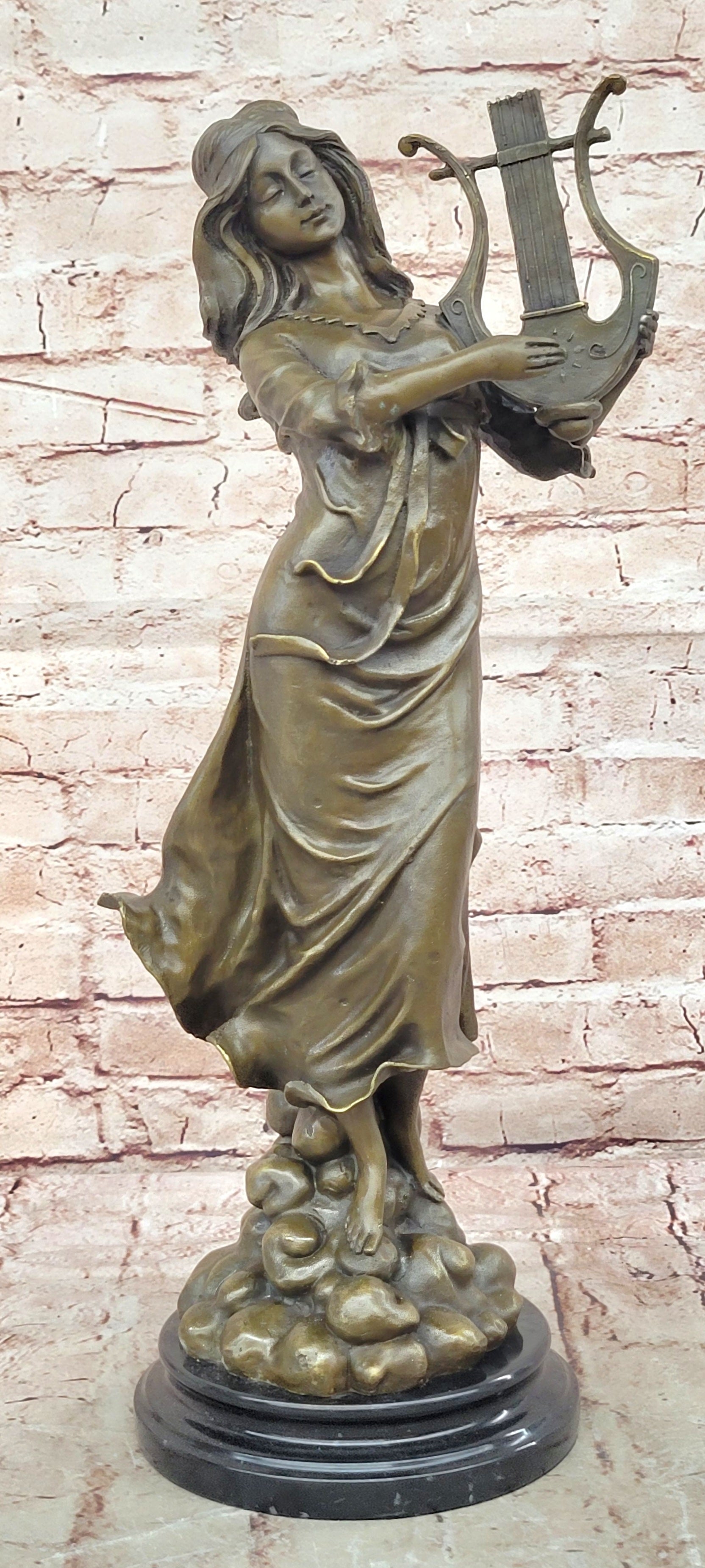 Vitaleh Bronze Harp Girl Statue Female Musician Figurine Detailed Sculpture