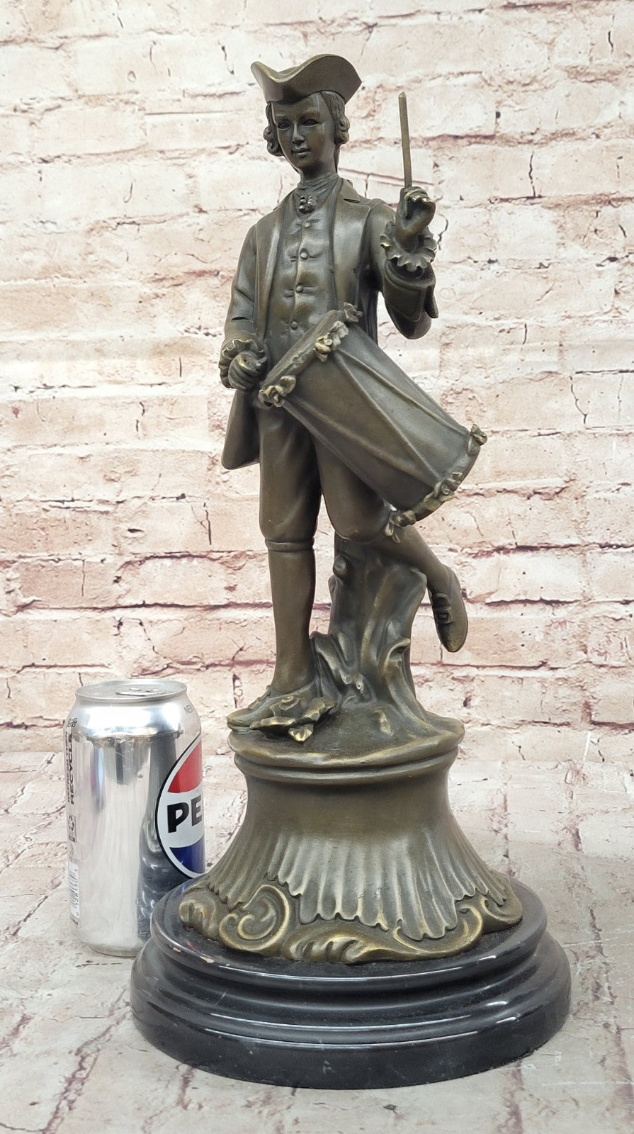 EUROPEAN BRONZE Gorgeous American Civil War Drummer Bronze Sculpture Marble Base Statue