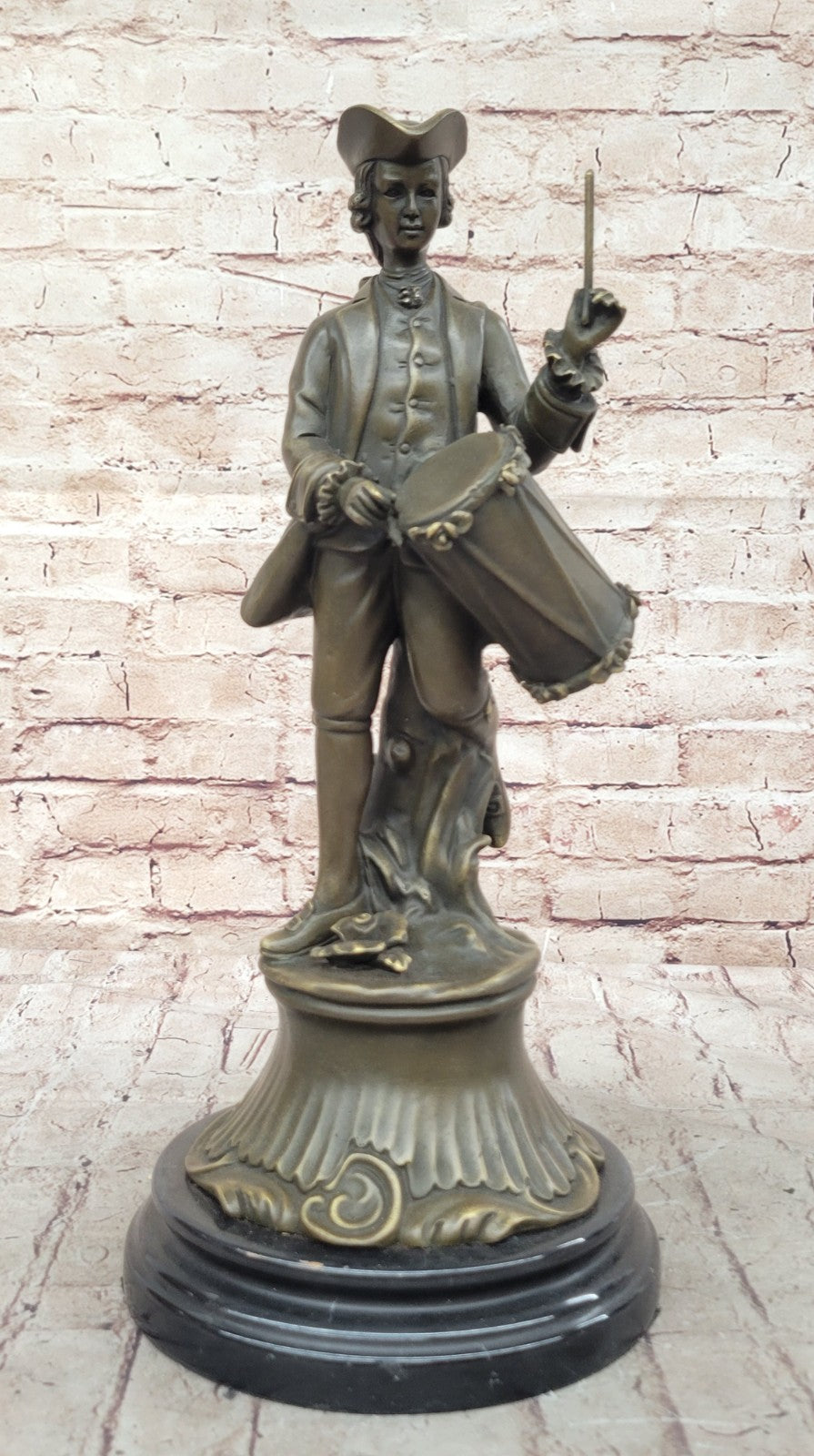 EUROPEAN BRONZE Gorgeous American Civil War Drummer Bronze Sculpture Marble Base Statue