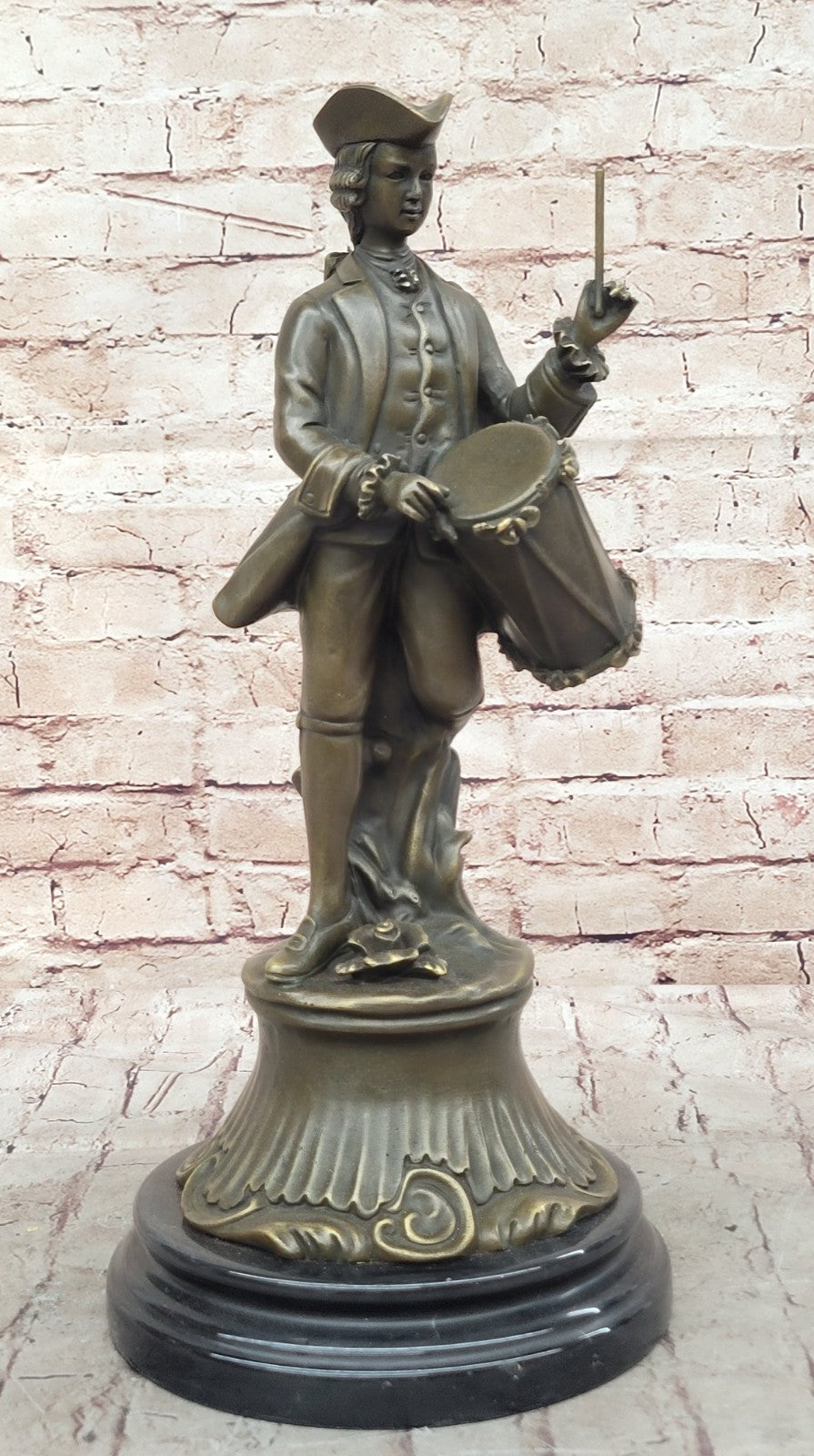 EUROPEAN BRONZE Gorgeous American Civil War Drummer Bronze Sculpture Marble Base Statue