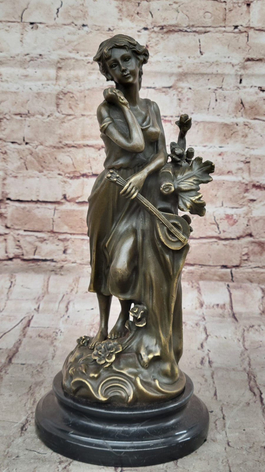 Handmade Classic Artwork of Woman Musician Playing Banjo, Bronze Sculpture by Milo