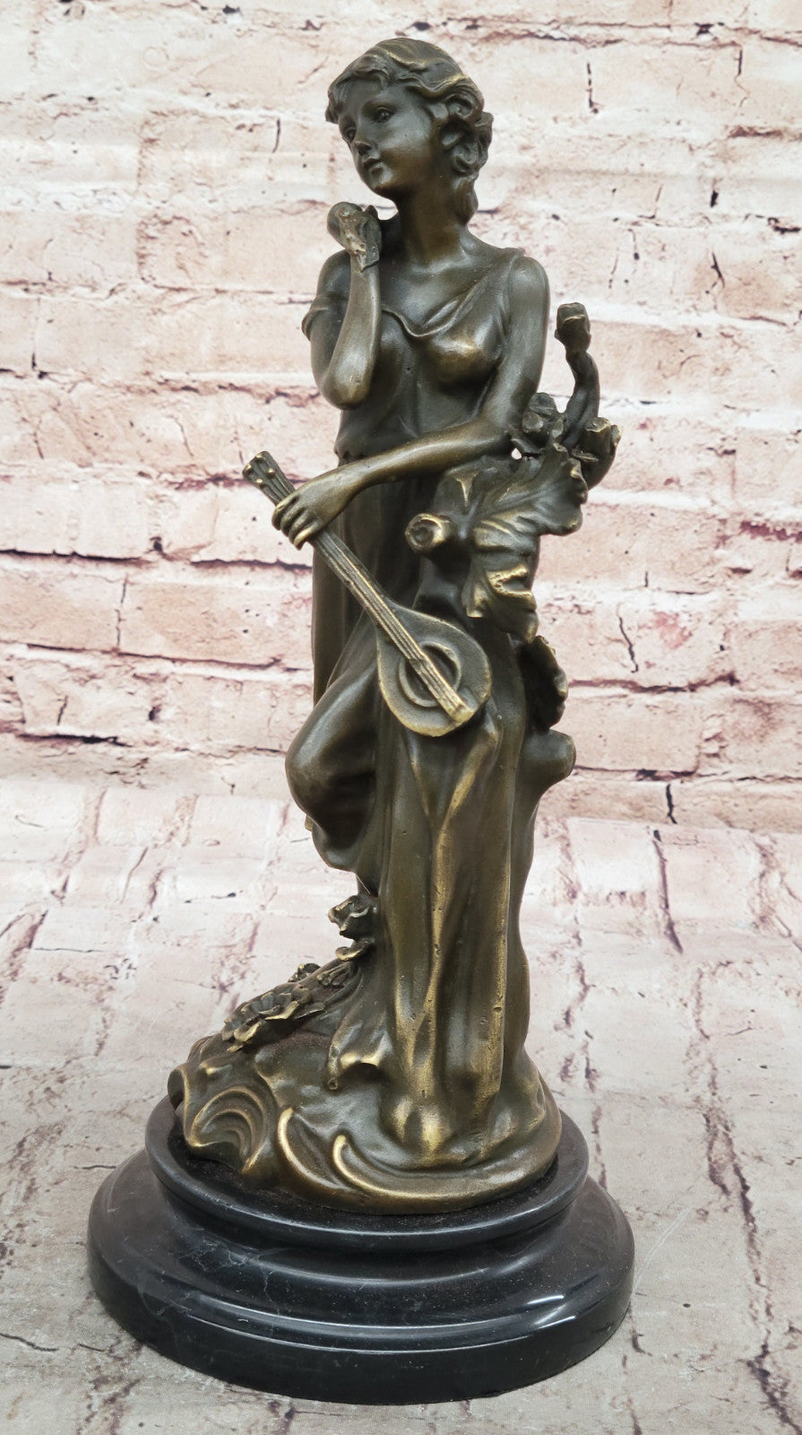 Handmade Classic Artwork of Woman Musician Playing Banjo, Bronze Sculpture by Milo