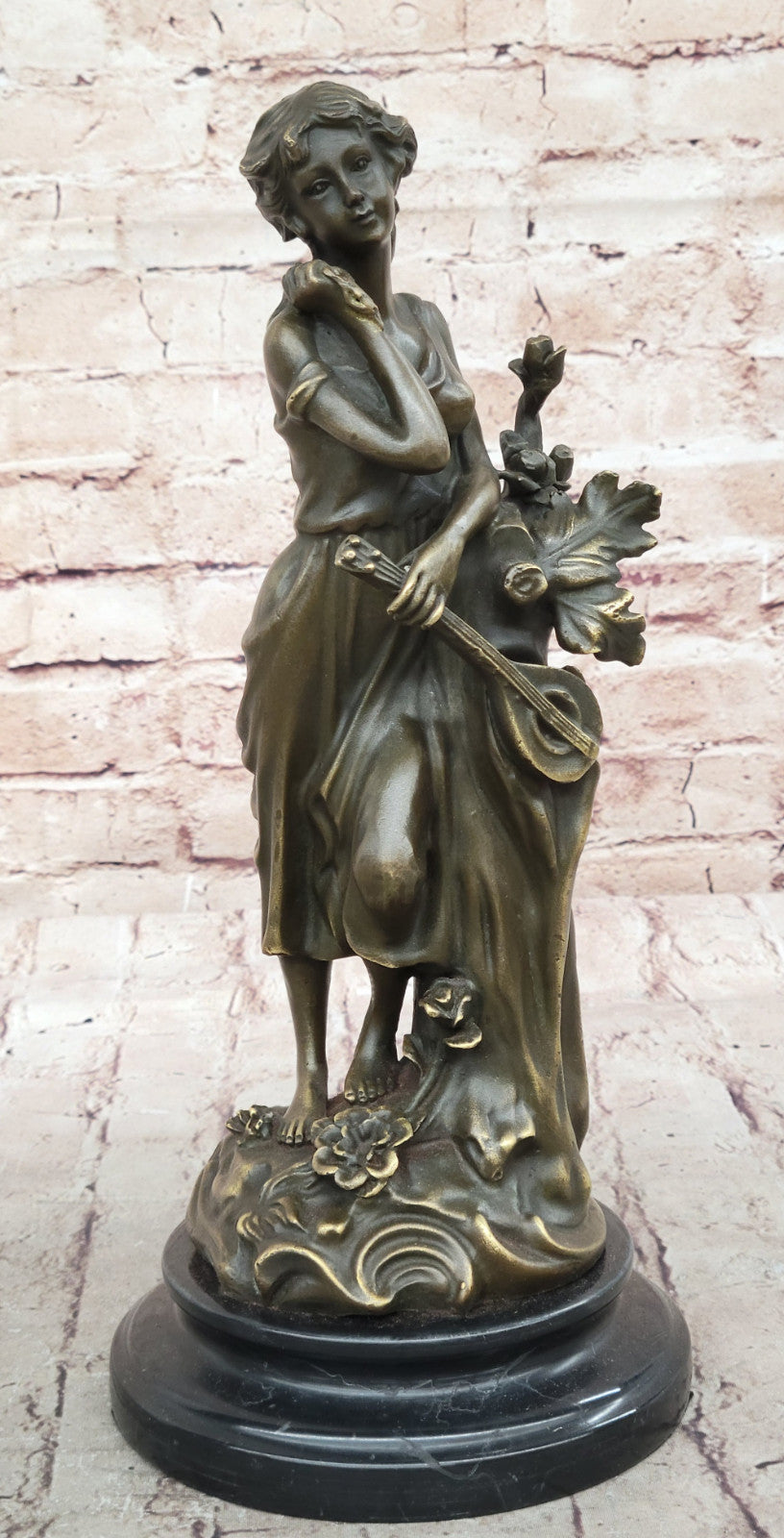 Handmade Classic Artwork of Woman Musician Playing Banjo, Bronze Sculpture by Milo