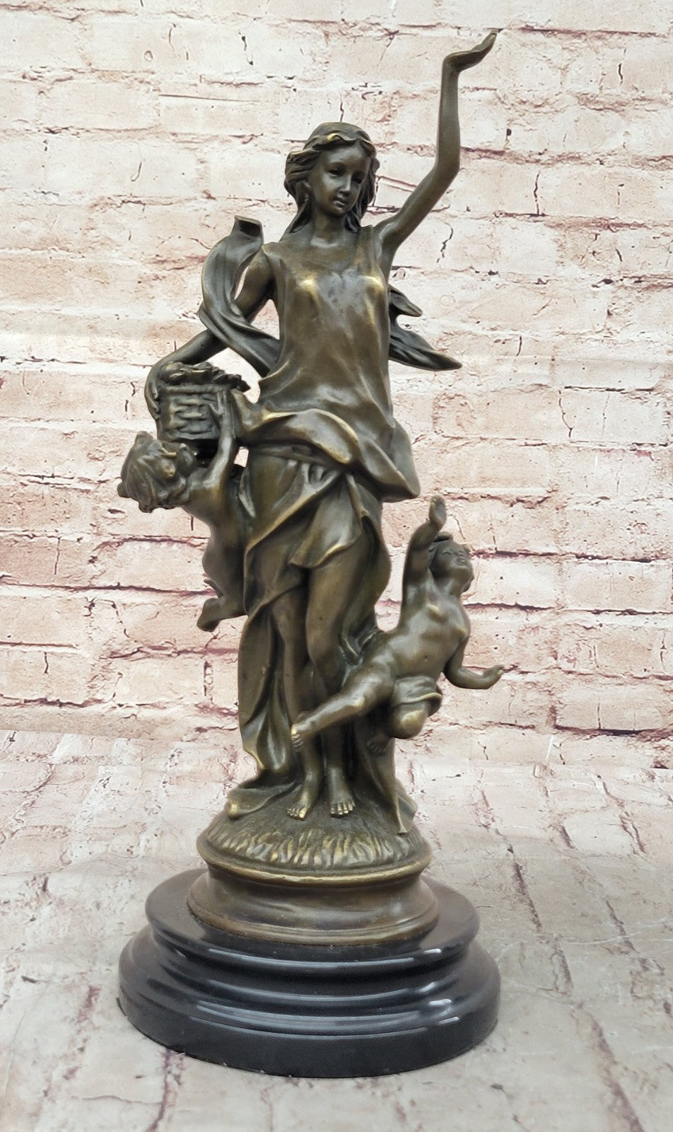Vintage Nude Nymph Woman holding Twin baby Children 100% Bronze Sculpture Statue