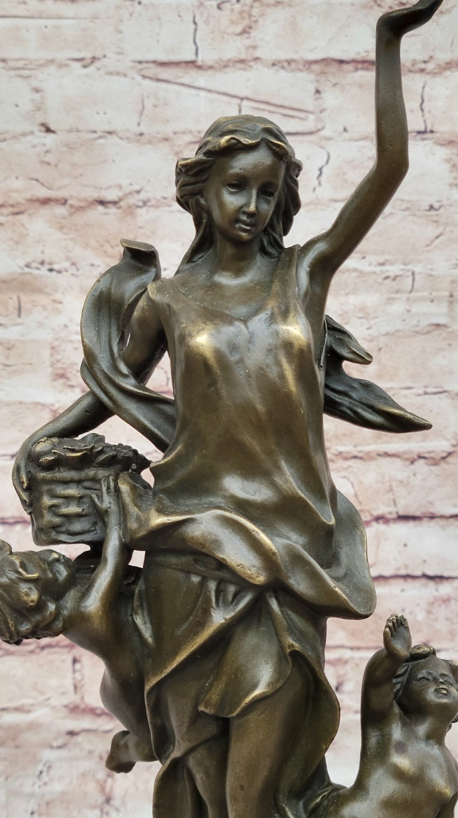 Vintage Nude Nymph Woman holding Twin baby Children 100% Bronze Sculpture Statue