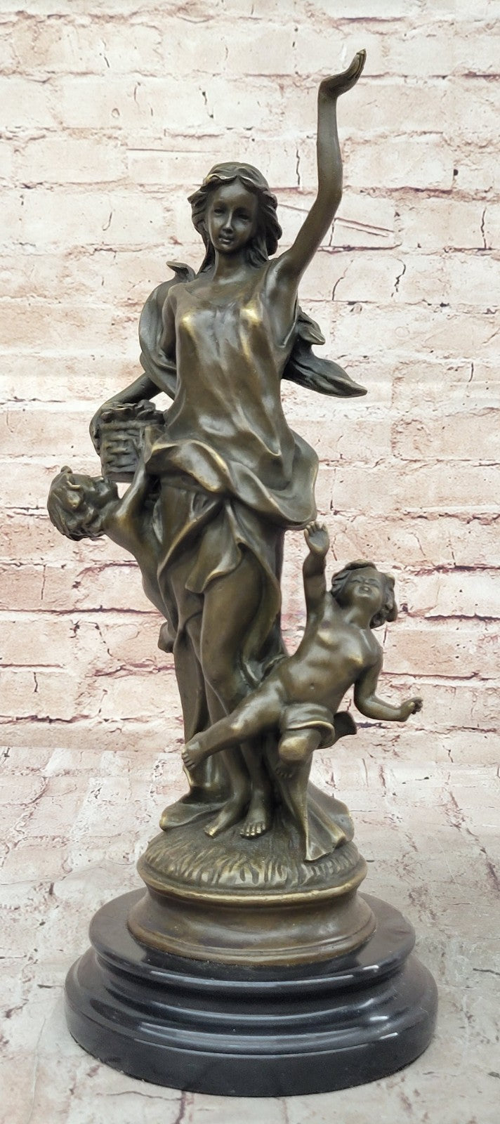 Vintage Nude Nymph Woman holding Twin baby Children 100% Bronze Sculpture Statue