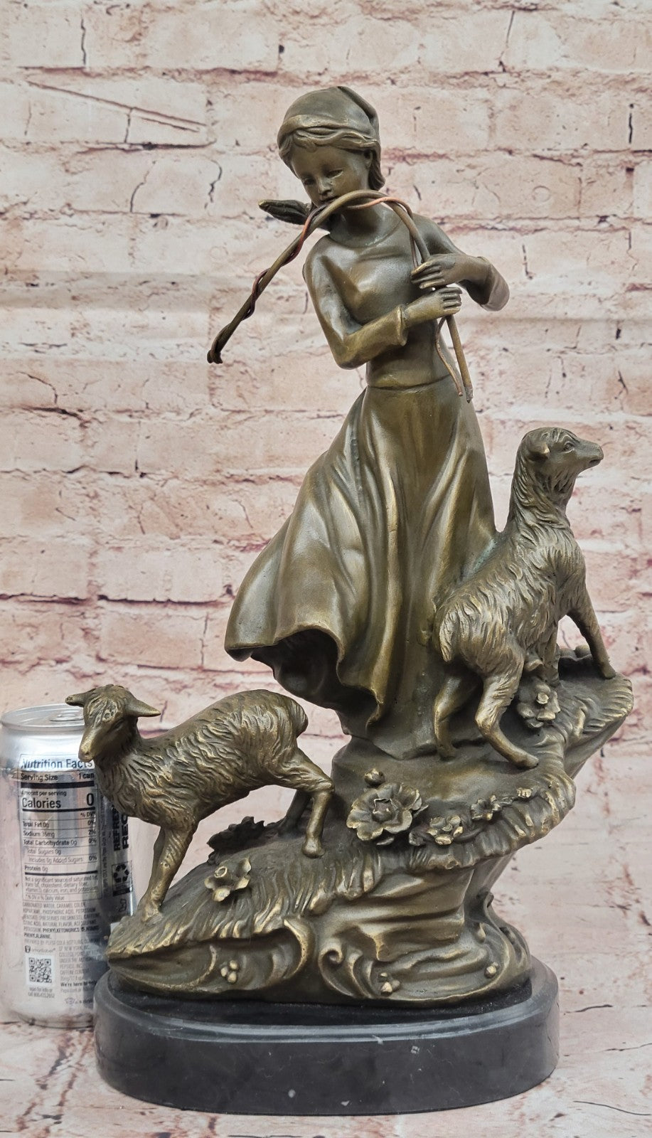 100% Solid Bronze Young Shepherd Girl Attend Her Flock Sculpture Marble Base Art