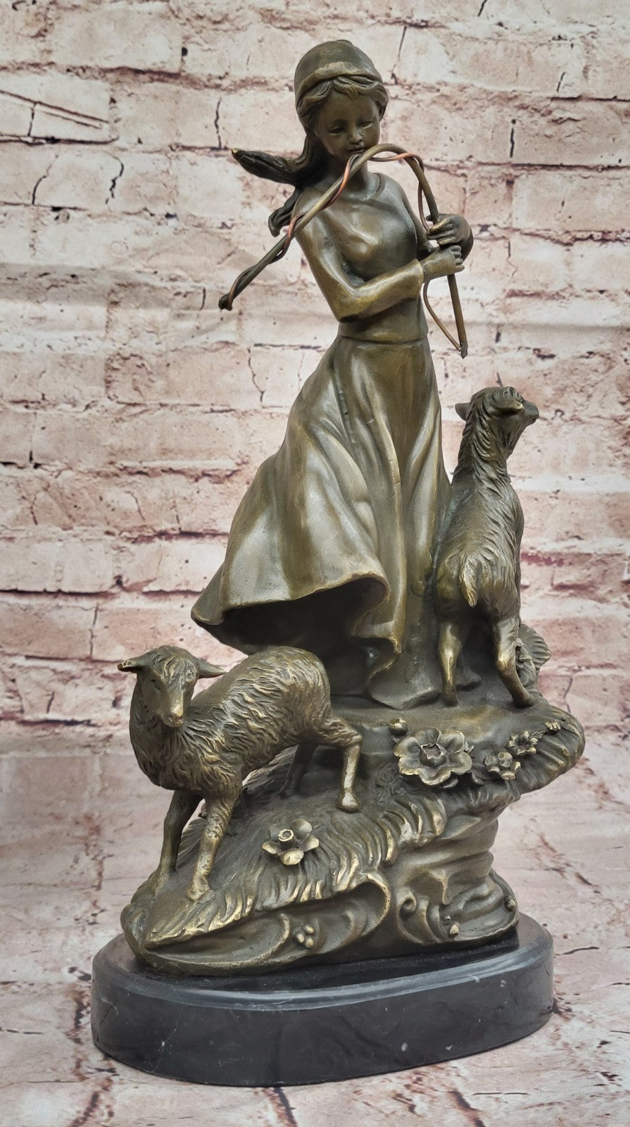 100% Solid Bronze Young Shepherd Girl Attend Her Flock Sculpture Marble Base Art