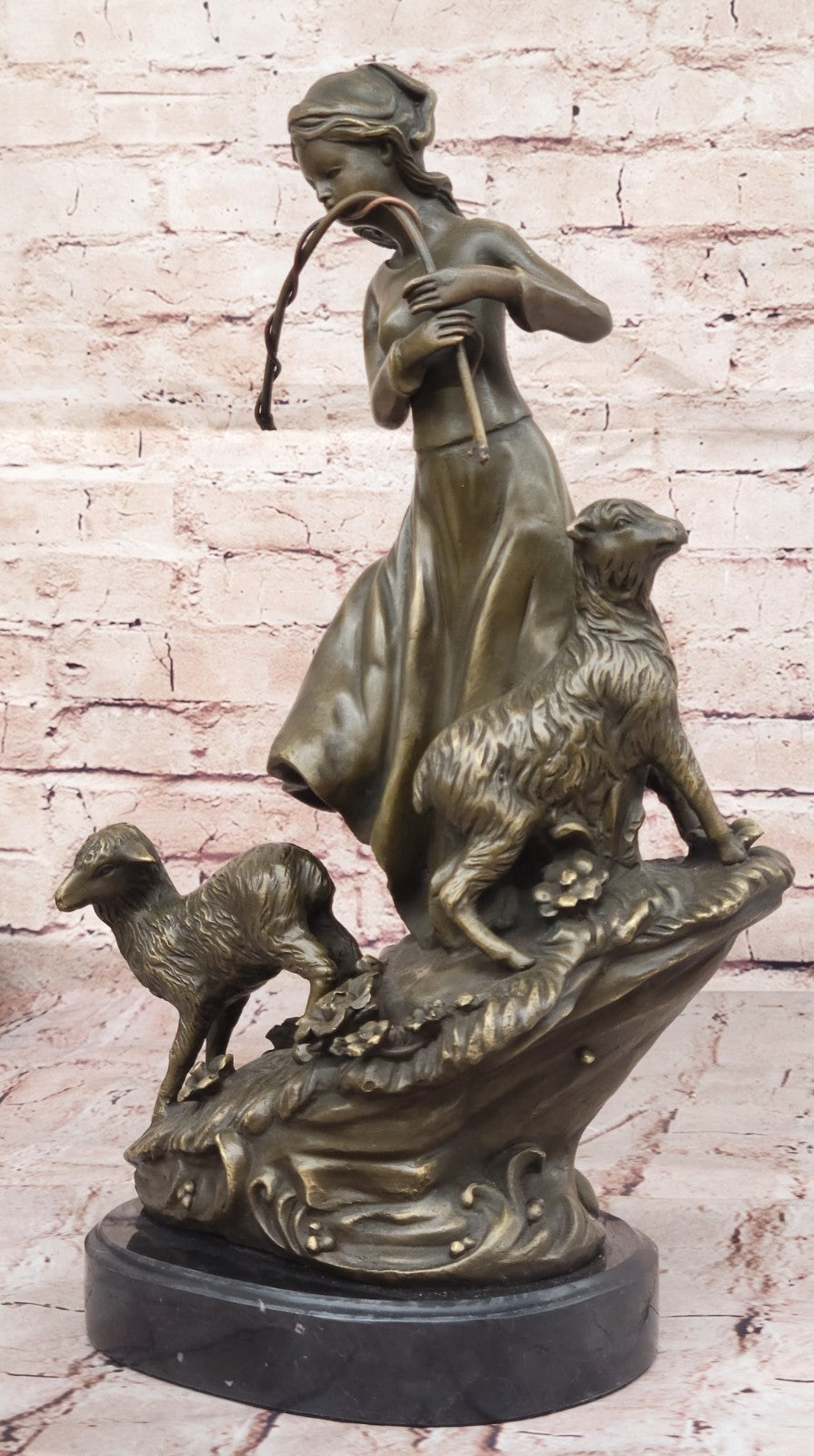 100% Solid Bronze Young Shepherd Girl Attend Her Flock Sculpture Marble Base Art