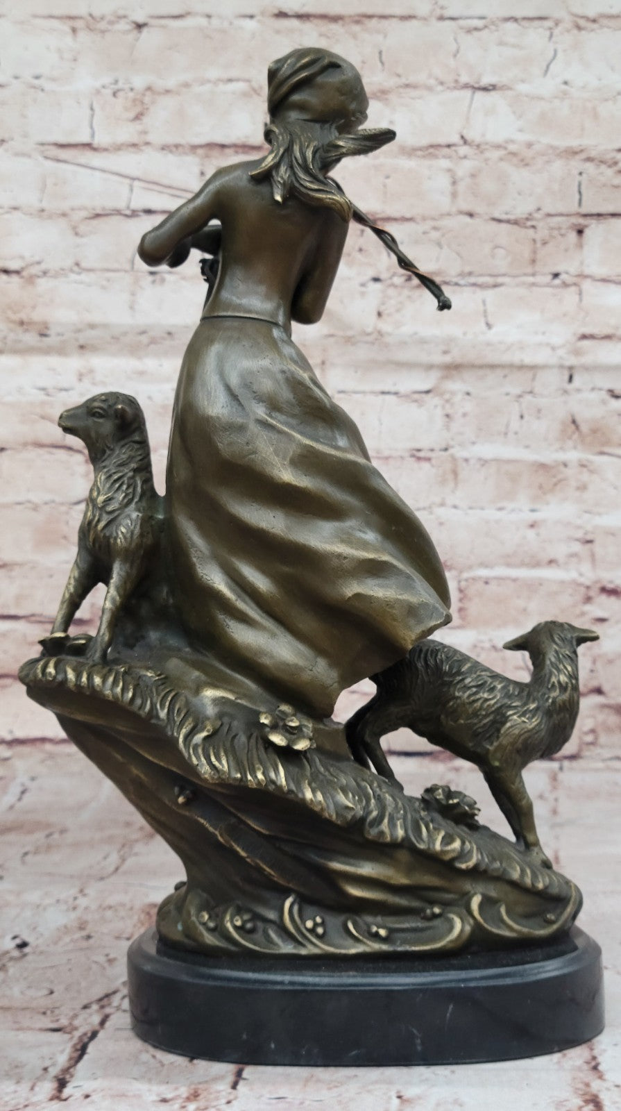 100% Solid Bronze Young Shepherd Girl Attend Her Flock Sculpture Marble Base Art