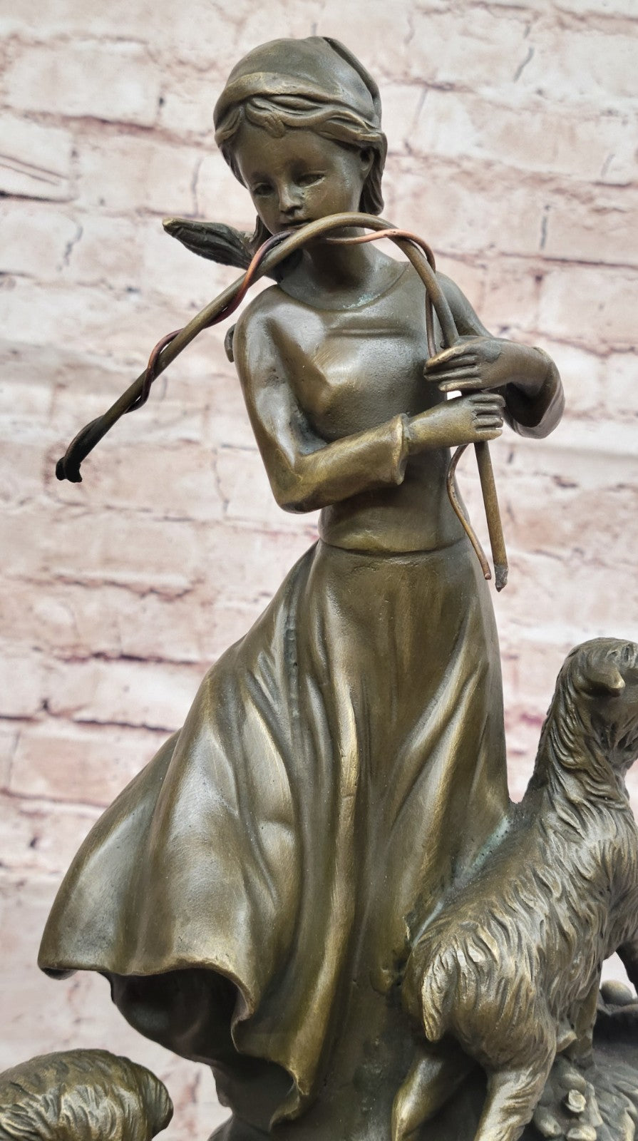 100% Solid Bronze Young Shepherd Girl Attend Her Flock Sculpture Marble Base Art