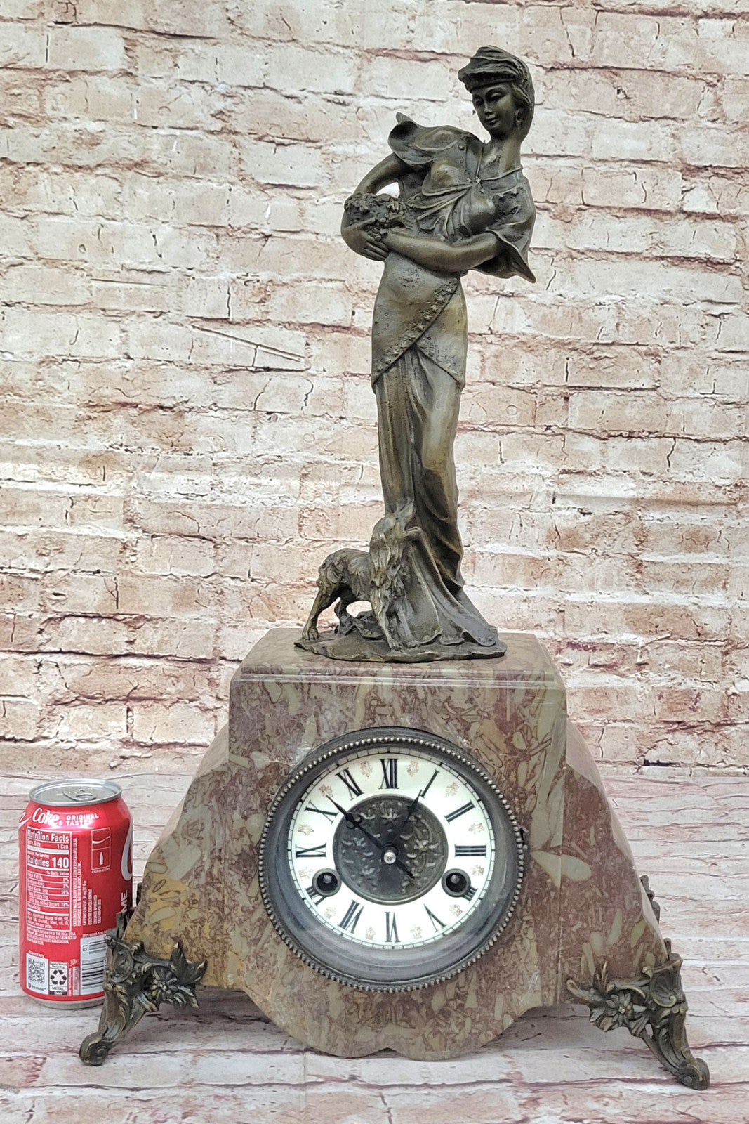 A. Moreau French Marble Mantle Clock: Figural Woman and Dog Statue Hot Cast