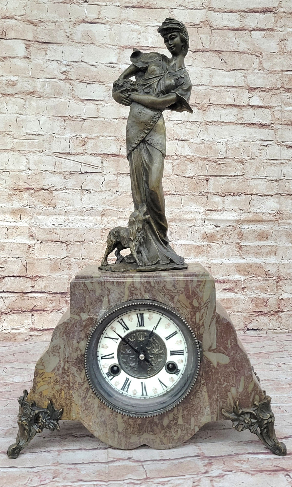 A. Moreau French Marble Mantle Clock: Figural Woman and Dog Statue Hot Cast