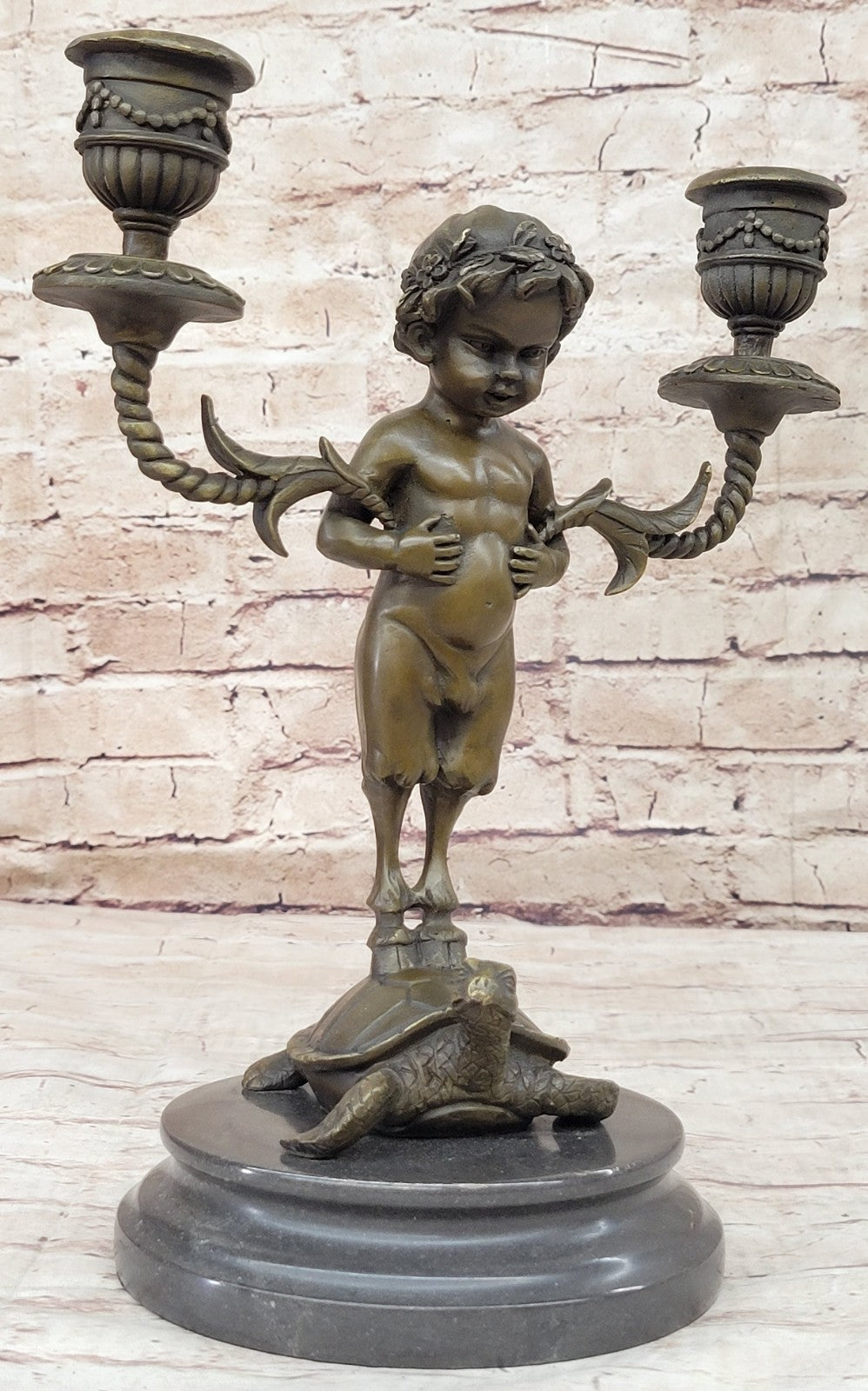 Aldo Vitaleh Baby Satyr with Turtle Bronze Sculpture Candle Holder Museum Artwor