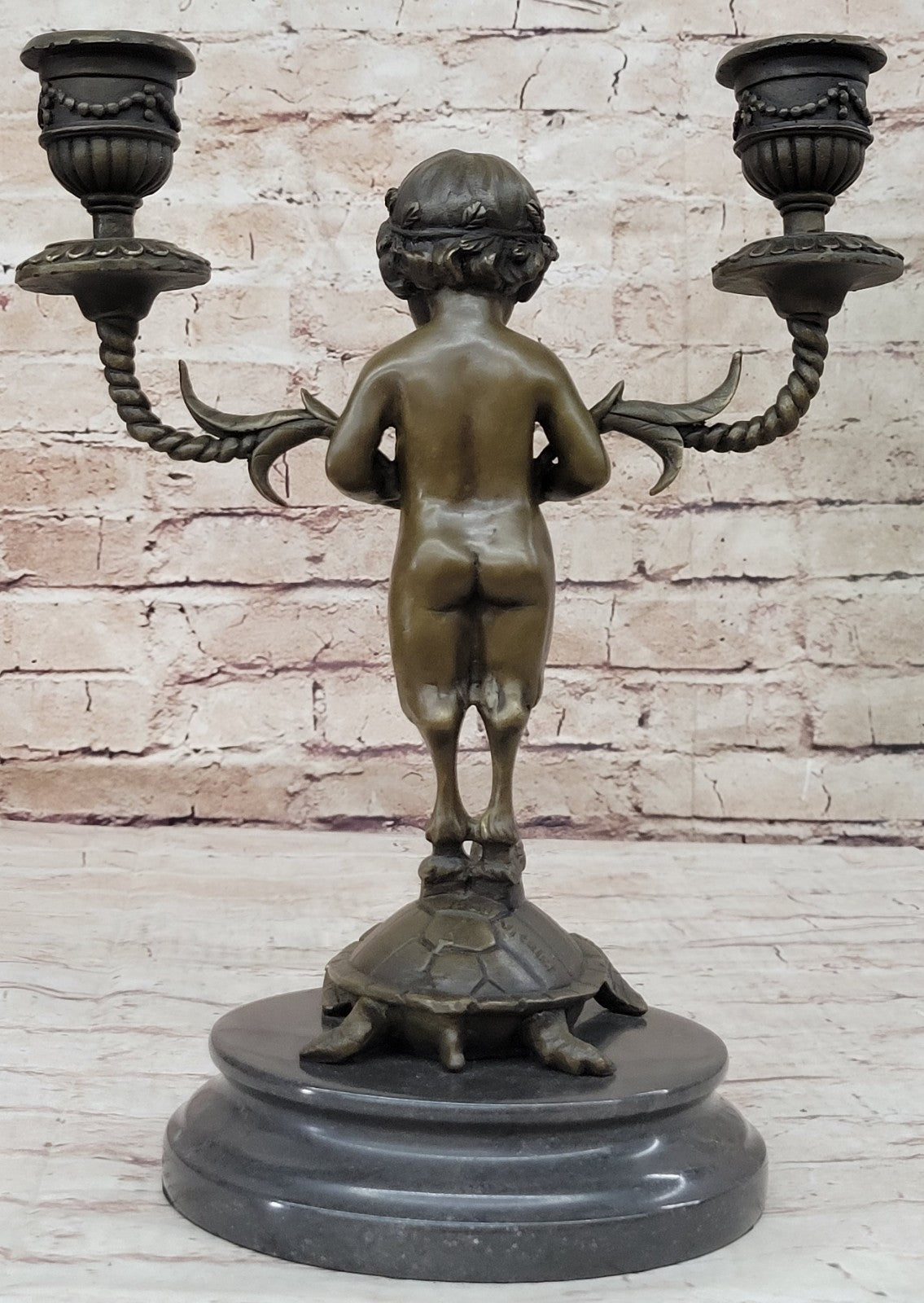 Aldo Vitaleh Baby Satyr with Turtle Bronze Sculpture Candle Holder Museum Artwor