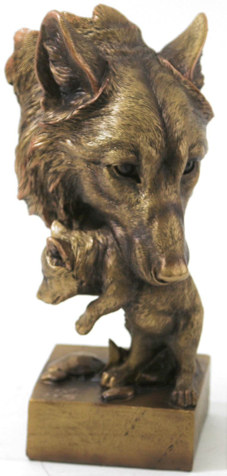 Bronze Effect Bust Mother Wolf and Cute Baby Cub Handcrafted Home Decoration