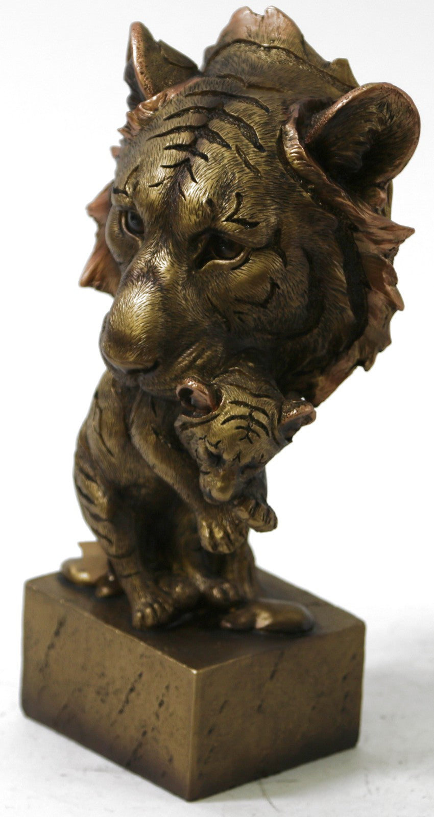 Tiger Head Bust With Cub Faux Carved Bronze Look Figurine Statue 9" Tall