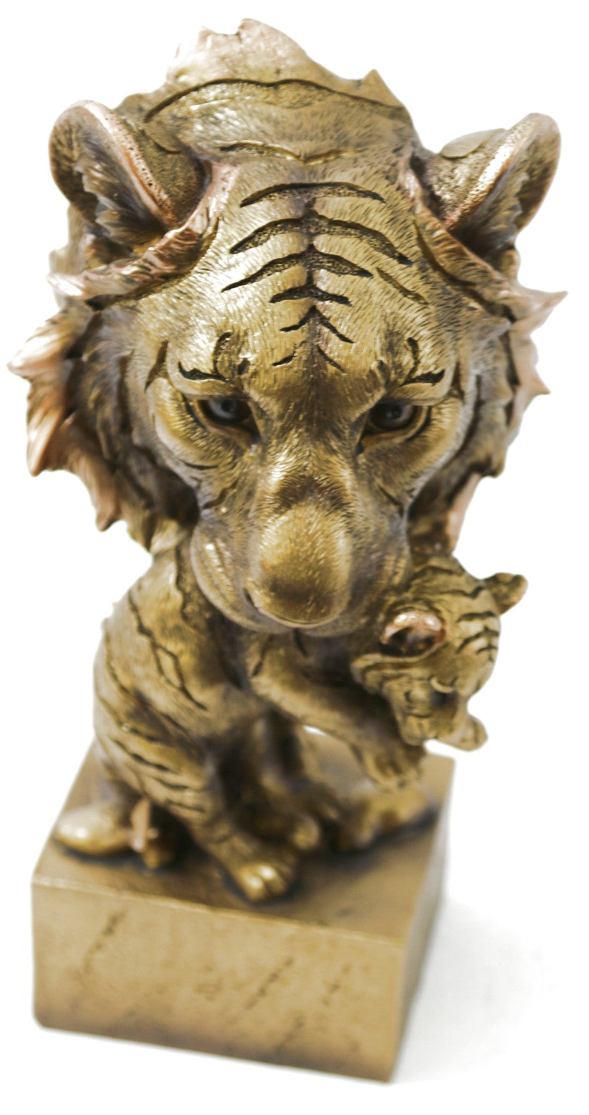 Tiger Head Bust With Cub Faux Carved Bronze Look Figurine Statue 9" Tall