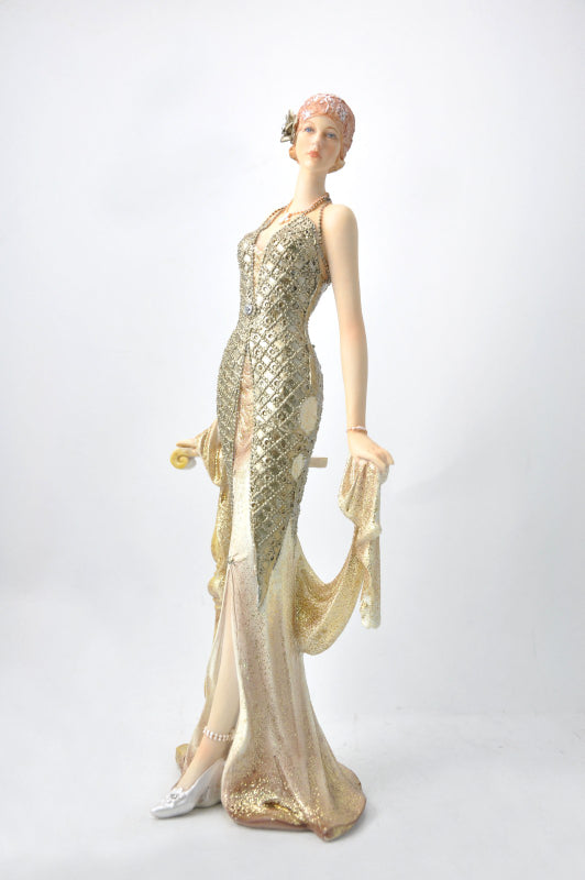 Art Nouveau Gorgeous Woman in Gold Dress Holding Shawl Sculpture Figurine Decor