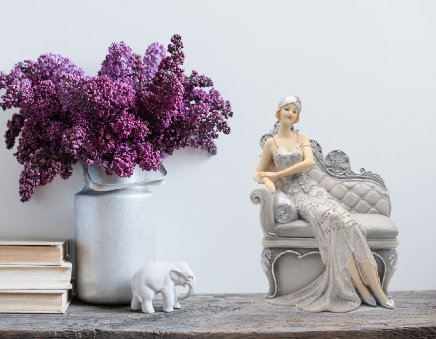 Cold Cast White and Silver Lady on Sofa Armrest Sculpture Statue Home Decor