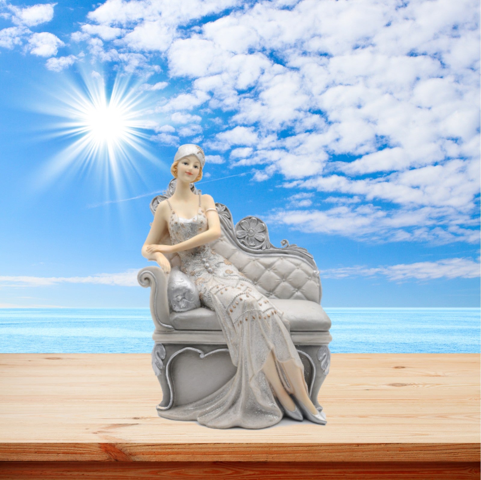 Cold Cast White and Silver Lady on Sofa Armrest Sculpture Statue Home Decor