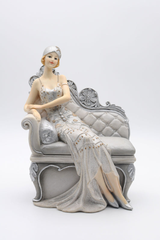 Cold Cast White and Silver Lady on Sofa Armrest Sculpture Statue Home Decor
