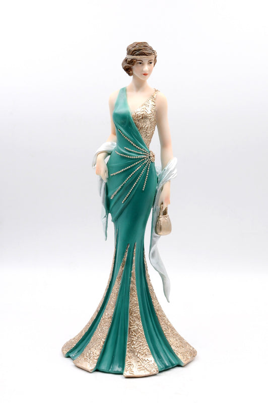 Art Deco Nouveau Gorgeous Woman with Green Dress Sculpture Statue Figurine