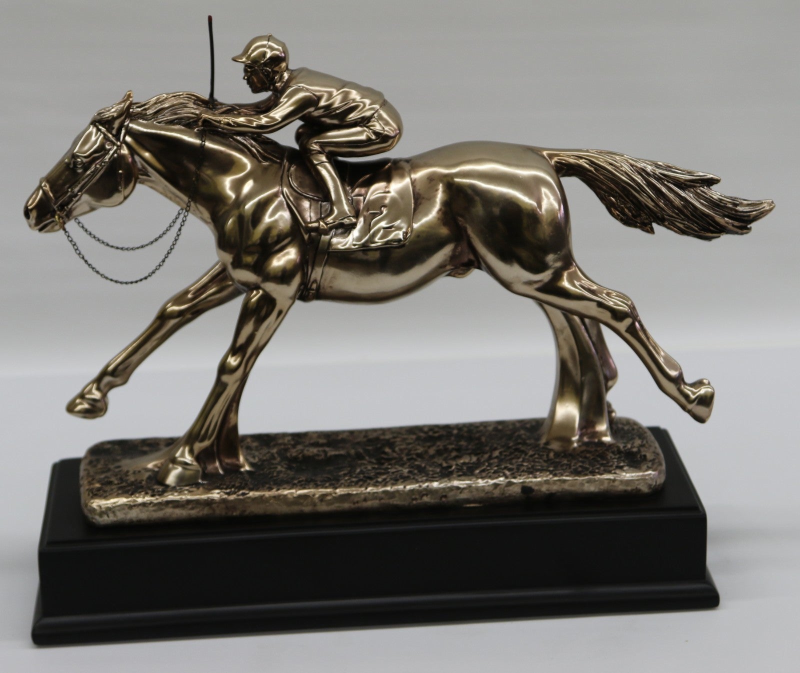 Flat Horse Racing Sculpture With Jockey Made From Resin With Bronze Finish NEW