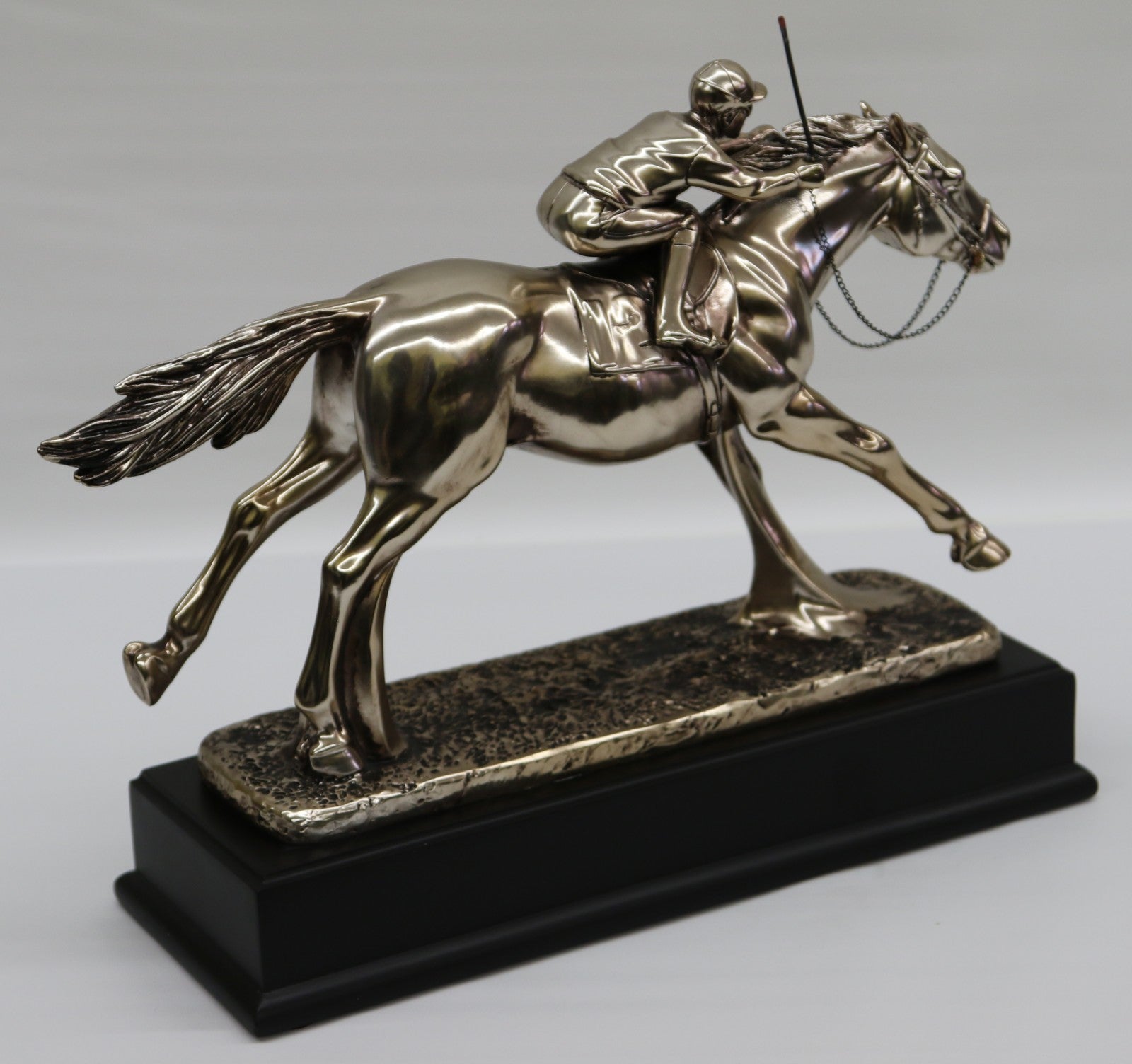 Flat Horse Racing Sculpture With Jockey Made From Resin With Bronze Finish NEW